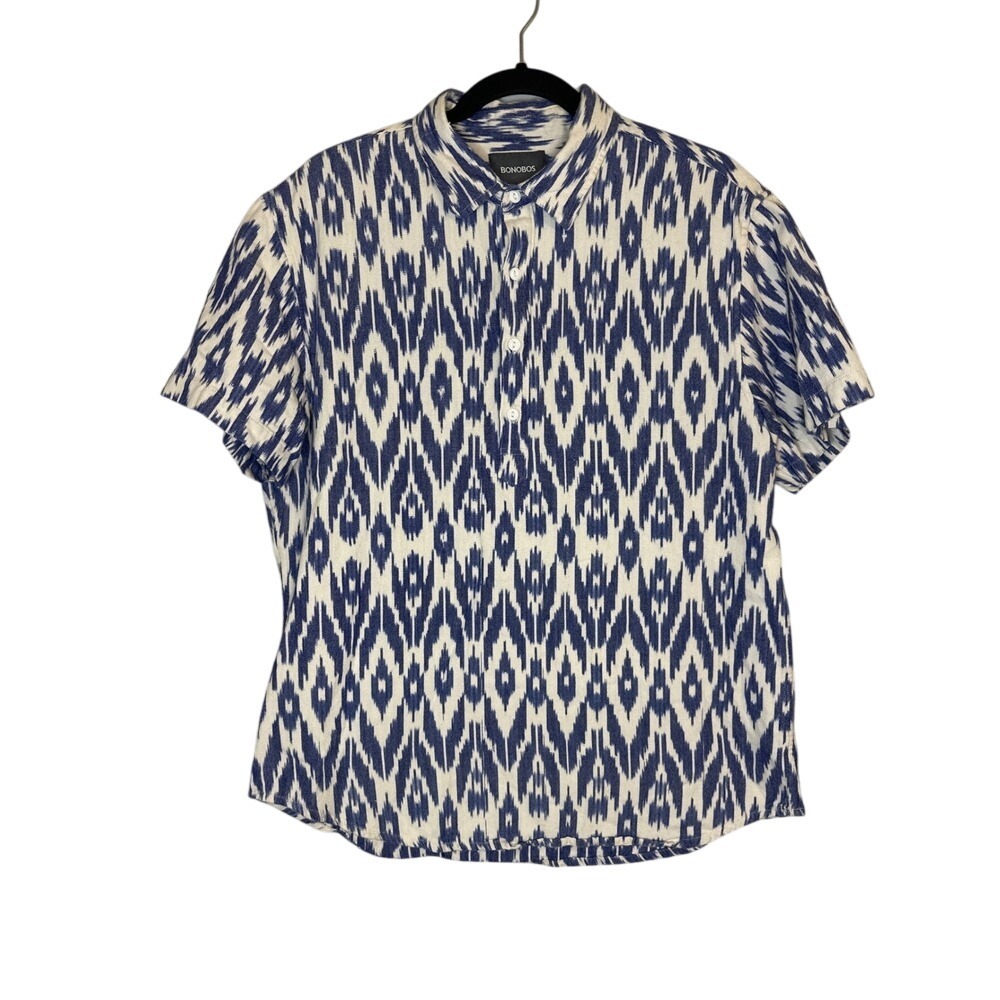 BONOBOS Men's Standard Fit Short Sleeve Button Up Shirt Blue‎ Ikat Print Size L